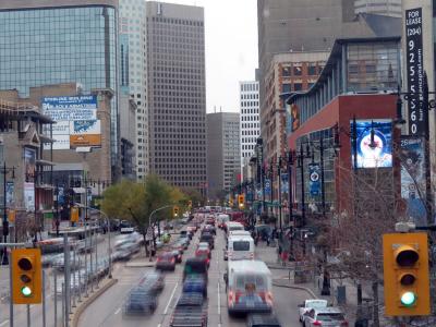 Looking east down Portage Avenue to the intersecton of Portage and Main