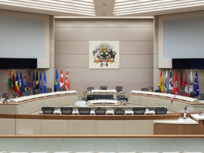 the interior of the Calgary City Hall Council Chamber