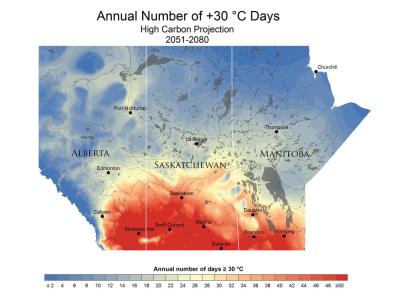 map showing temperature projections for the Prairies